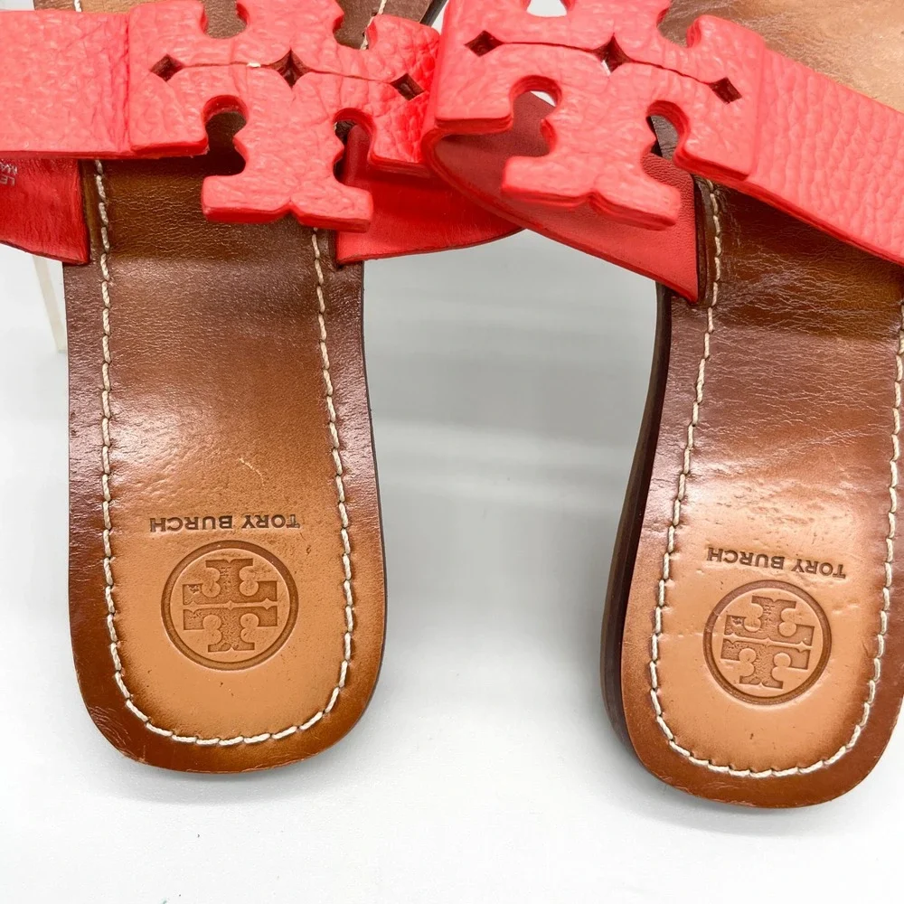Tory Burch Moore Sandals Womens 10M Poppy Red Leather Logo Thong Flats Preppy